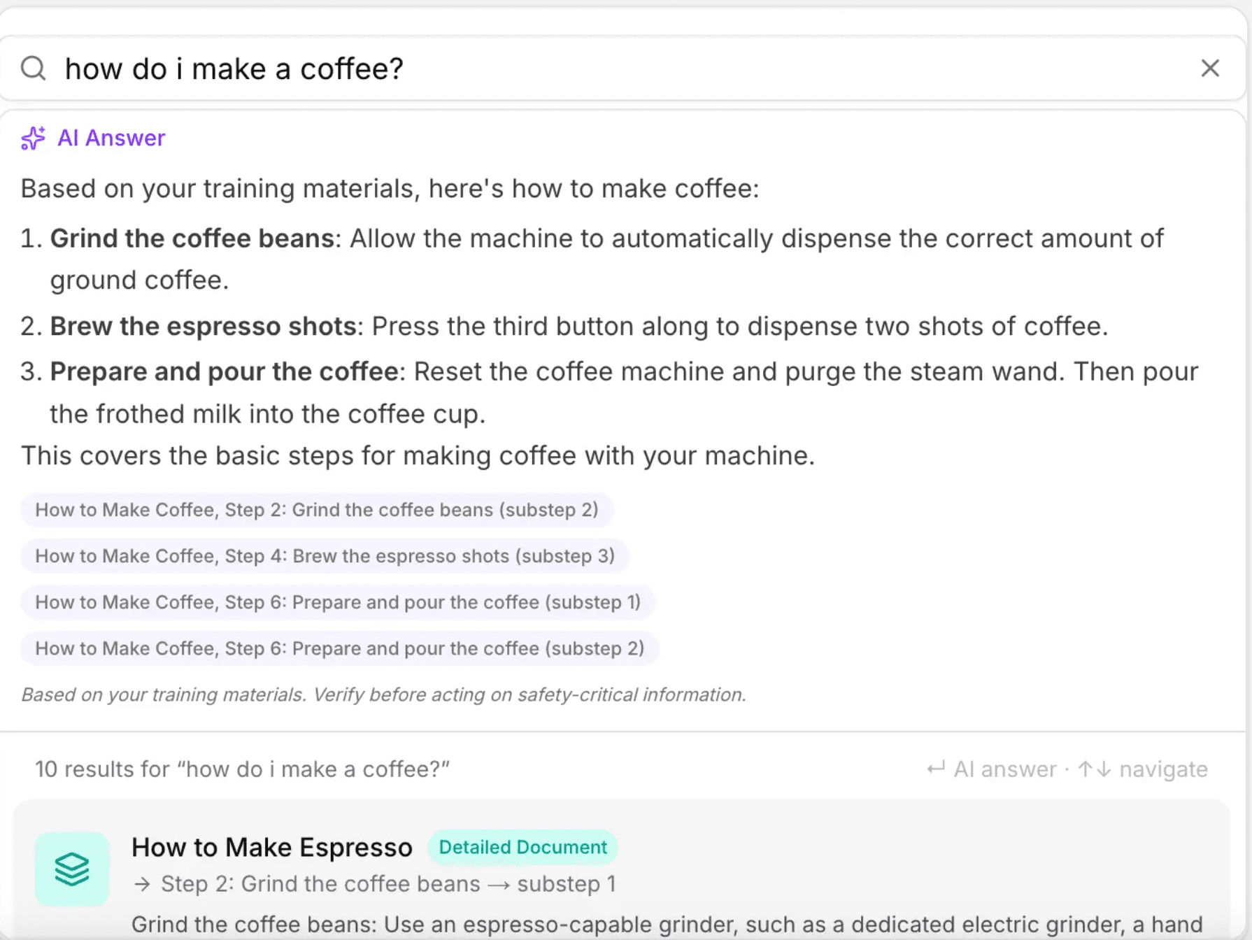 Lattify AI search answering how to make coffee with cited steps from training materials