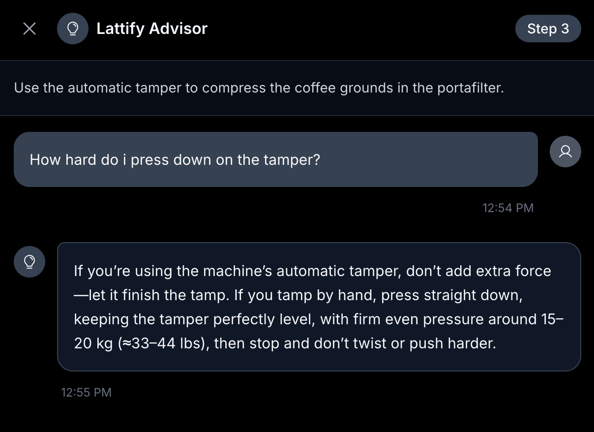 Lattify Advisor AI chat helping a staff member with coffee tamping pressure during Step 3