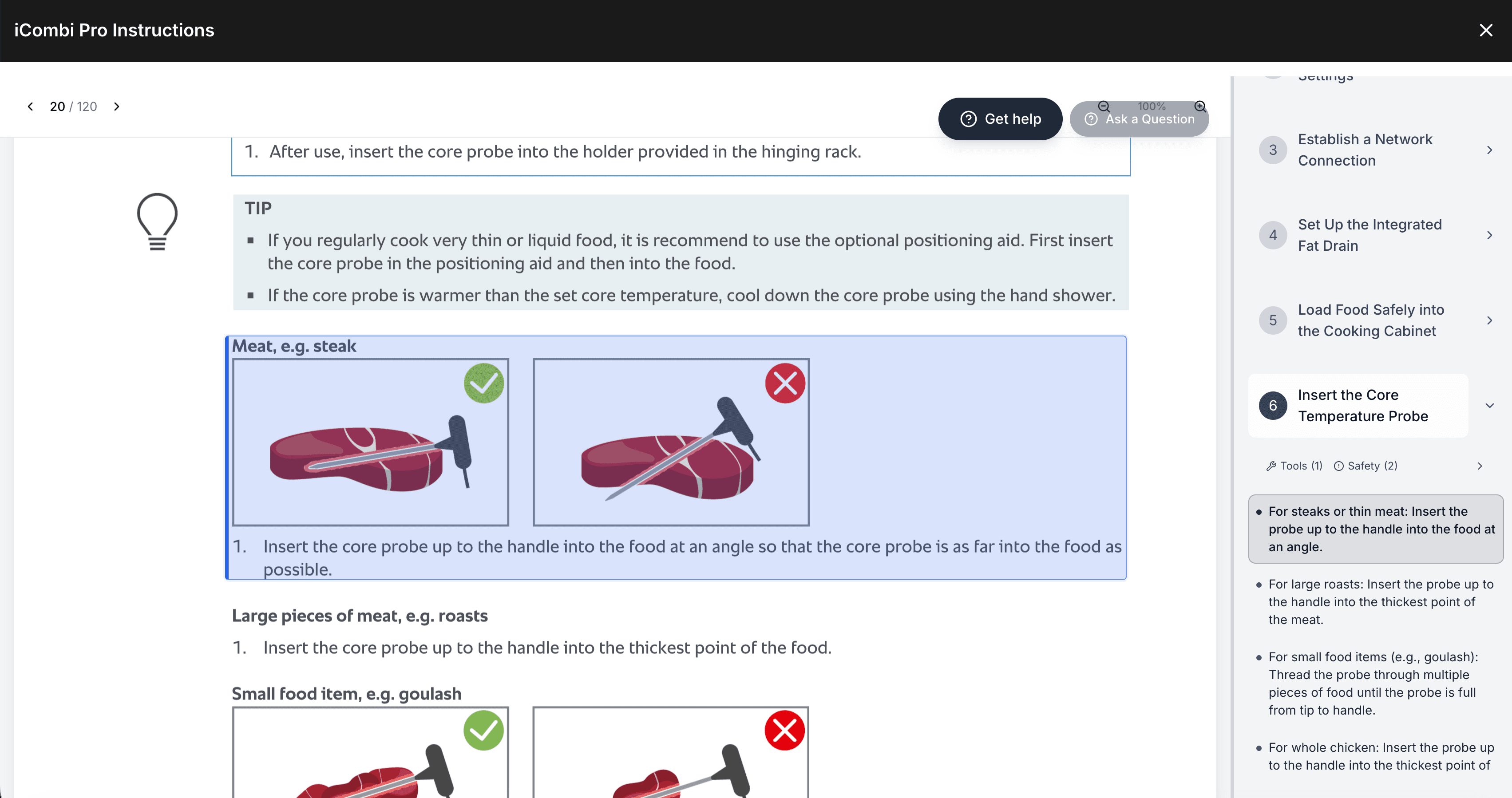 A Rational iCombi Pro oven manual uploaded to Lattify and turned into structured step-by-step guides, with the selected core-probe step highlighted back to its source passage